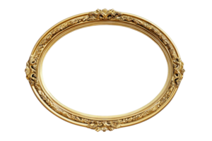 Elegant oval golden frame with intricate carved details, isolated on a transparent background. Ideal for art, portrait or decorative projects. png
