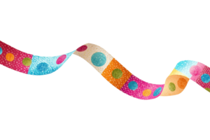 Colorful polka dot ribbon with various patterns on a transparent background, perfect for festive decoration and creative projects. png