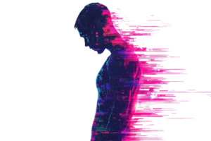 Digital silhouette of a man dissolving into pixels, blending human form with technology in vibrant neon colors. Futuristic abstract art concept. png