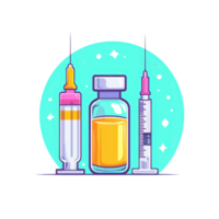 Colorful illustration of medical syringes and vial on a blue-green background, representing healthcare and vaccination concepts. png