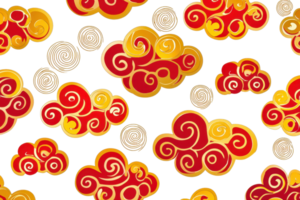 Colorful swirling clouds pattern in red and gold, inspired by traditional designs, creating a vibrant and dynamic visual backdrop. png