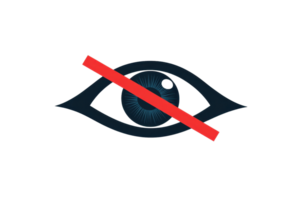 Minimalist icon of an eye with a red line crossing through it, symbolizing vision restriction or privacy protection, on a transparent background. png