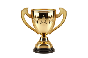 Elegant golden trophy with three stars, representing achievement and success, isolated on a transparent background perfect for awards and recognition. png