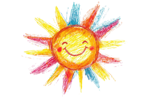Colorful crayon sun with a smiling face, surrounded by vibrant rays in a cheerful illustration of warmth and happiness on a transparent background. png