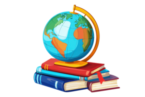 Colorful globe on top of a stack of books, symbolizing global education, knowledge, and learning. Ideal for educational and travel concepts. png
