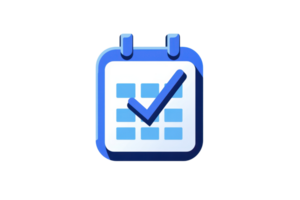 Illustration of a blue calendar icon with a checkmark symbol, representing planning, scheduling, and organization in digital format. png