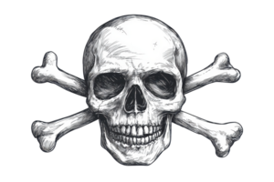 Detailed illustration of a skull and crossbones symbolizing danger, piracy, and rebellion, commonly associated with warning signs. png
