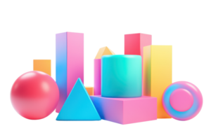 Colorful abstract geometric shapes arranged in a playful composition, featuring spheres, pyramids, and cylinders in bright hues. png