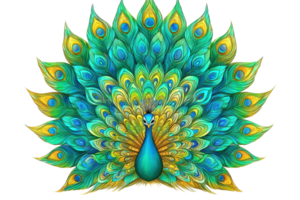 Colorful peacock with vibrant plumage and elegant feathers, displaying a mesmerizing pattern of blues, greens, and golds in full display. png