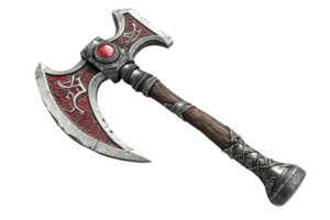 Intricately designed fantasy battle axe with ornate details and red gemstone, perfect for gaming and medieval themes. png