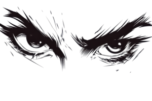 Intriguing illustration of intense, expressive eyes with dark, dramatic eyebrows and sharp gaze, capturing a sense of mystery and emotion. png
