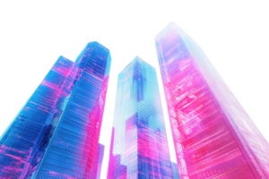 Futuristic skyscrapers illuminated with vibrant neon colors against a dark sky, showcasing modern architecture and urban aesthetics. png