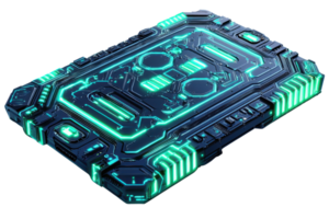 Futuristic digital circuit board with glowing neon lights, representing advanced technology and innovation in electronics. png