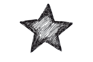Hand-drawn black star with a textured finish on a transparent background, ideal for design projects, crafts, and artistic use. png