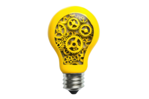 Innovative light bulb with visible gears symbolizes ideas, creativity, and technology. Perfect for concepts of invention and ingenuity. png