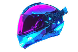 Futuristic neon helmet with sleek design and vibrant colors, representing advanced technology and innovation in a sci-fi style. png