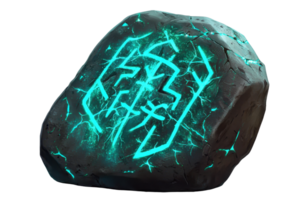 Mystical glowing rune stone with intricate carvings and vibrant blue light, symbolizing ancient magic and mystical power. png
