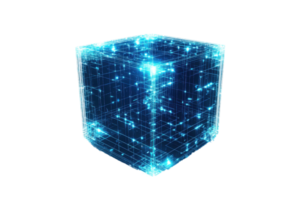 Glowing digital cube with a network of blue lights, representing futuristic technology, innovation, and virtual data connections. png