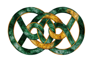 Intricate Celtic knot design with interwoven loops in vibrant green and gold colors, symbolizing eternity and interconnectedness. png