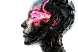 Futuristic robot face with glowing red eyes and intricately detailed metallic features, illustrating advanced technology and cybernetic innovation. png