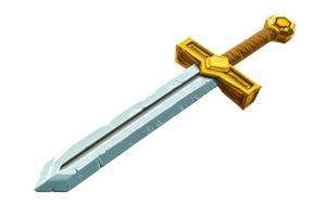 Illustration of a cartoon sword with a golden hilt and silver blade, representing fantasy and adventure themes in media and games. png