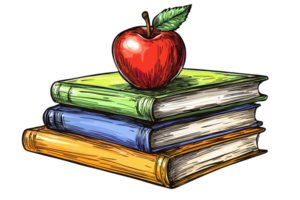 Illustration of an apple resting on a stack of colorful books. Symbolizes knowledge, education, and healthy learning in a whimsical style. png