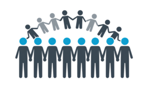 Illustration of diverse community unity, with human figures holding hands, symbolizing teamwork, cooperation, and togetherness. png