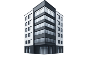 Modern multi-story office building with large windows, sleek design, and a contemporary architectural style, ideal for corporate use. png