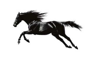 Graceful black horse in full gallop capturing the essence of speed and power against a transparent background, showcasing strength and elegance. png