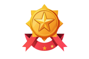 Golden star badge with ribbon, symbol of achievement and excellence. Ideal for awards, recognition, and success-related themes. png