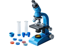 High-quality image of a blue microscope with various lab equipment, perfect for scientific and educational use in laboratories. png