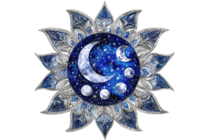 Intricate mandala design featuring phases of the moon with celestial elements in a captivating and artistic composition on a starry background. png