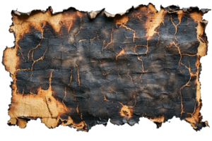 Old charred parchment with burnt edges, displaying intricate cracks and darkened surface, ideal for vintage, history, or mystery themes. png