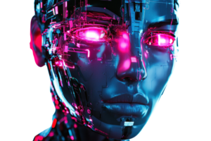 Futuristic robot with glowing pink eyes in dark lighting, highlighting advanced technology and artificial intelligence concepts. png
