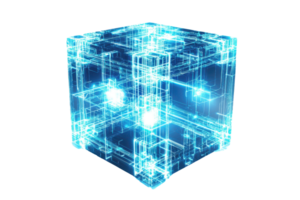 Futuristic glowing digital cube with interconnected light patterns, representing data, technology, and innovation in a digital environment. png