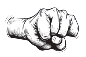 Hand-drawn illustration of a clenched fist, symbolizing strength and unity, with intricate shading and detail art on transparent background. png