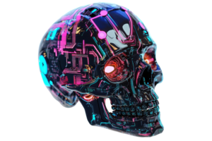 Futuristic neon cyber skull with intricate circuit patterns and glowing elements, symbolizing technology and innovation in vibrant colors. png