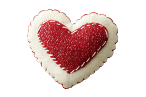 Handcrafted felt heart with red stitches on transparent background, symbolizing love, affection, and handmade creativity in a charming design. png