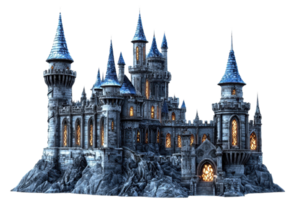Majestic medieval castle illuminated at night, showcasing gothic architecture with towering spires and a mystical ambiance. png