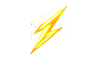 Vibrant yellow lightning bolt on a transparent background, symbolizing energy, power, and electricity in a dynamic digital illustration. png
