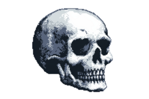 Pixel art of a human skull with detailed shading and highlights, showcasing an eerie yet artistic representation in digital form. png