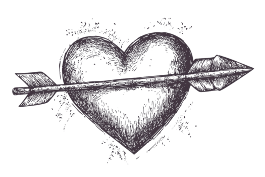 Rustic hand-drawn heart pierced by an arrow, symbolizing love and romance. Ideal for Valentine's Day themes and romantic designs. png