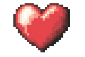 Pixelated red heart on a transparent background, emphasizing retro gaming style and digital design. Perfect for Valentine's Day and love-themed projects. png