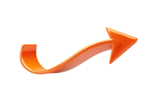 Three-dimensional shiny orange arrow curving upwards and right, isolated on a transparent background, representing direction and progress. png