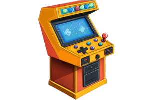 Retro arcade game machine with colorful buttons and joystick, bringing vintage gaming nostalgia to modern enthusiasts. png
