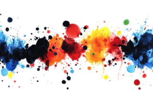 Vibrant splash of multicolored abstract paint splatters creating a dynamic and artistic design element. Perfect for creative projects. png