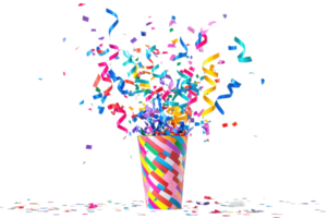Vibrant confetti bursts from a colorful cup, celebrating festive occasions with a splash of joy and excitement. Perfect for party themes. png