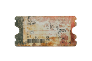 Vintage movie ticket stub with faded colors and nostalgic wear, showcasing a piece of cinema history and timeless collection item. png