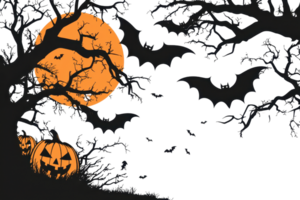 Spooky Halloween night with a glowing full moon, flying bats, and carved pumpkin under barren trees, creating an eerie atmosphere. png