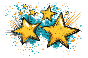 Vibrant artistic illustration of golden stars surrounded by colorful splashes and dots, creating a lively and energetic visual effect. png
